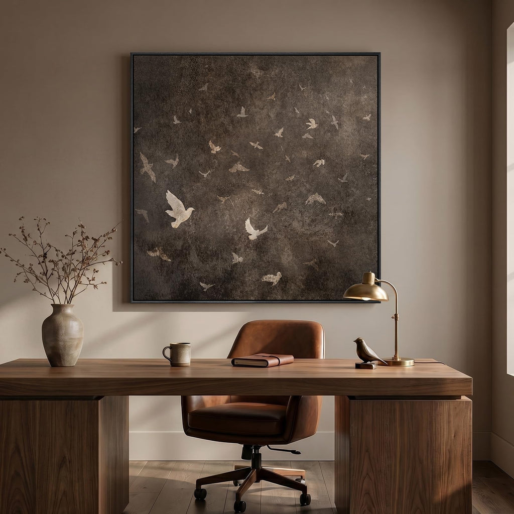 Extra Large Framed Vintage Bird Brown Wall Art, Square