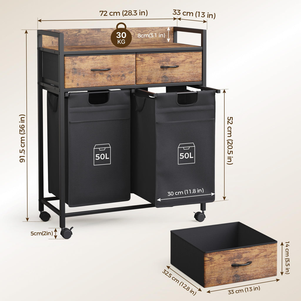 Laundry Sorter 2 Section with 2 Bags 4 Wheels 2 Drawers