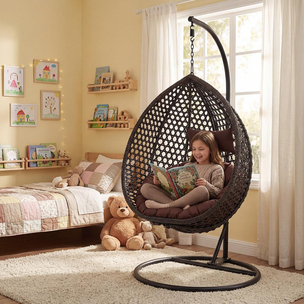 Egg Swing Chair Outdoor with Stand, Indoor Hanging Egg Chair | Rattan Basket Chair with Cushion and Pillow, Foldable