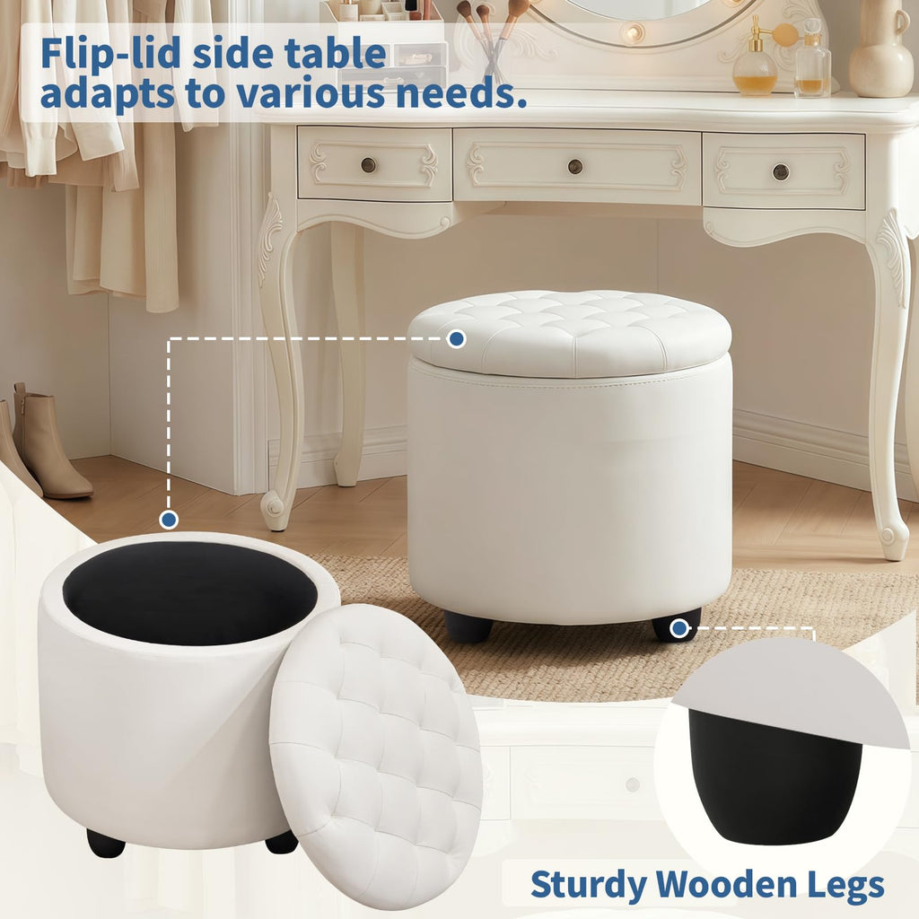 Upholstered Button Tufted Round Ottoman, PU Storage Ottoman Round, Removable Lid Convenient Footstools, Classic