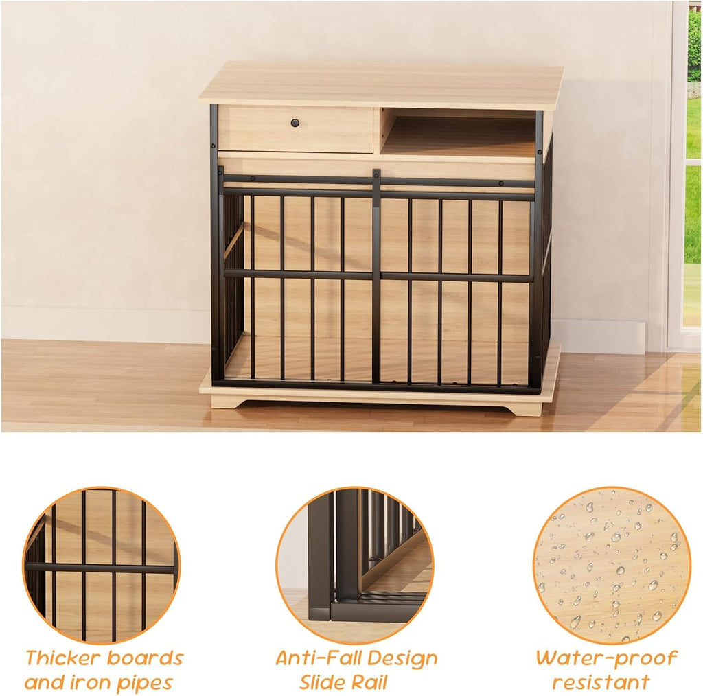 35.5" Dog Crate Furniture, Dog Kennel Indoor with Wheels for Medium Small Dogs, Wooden Dog Crate End Table