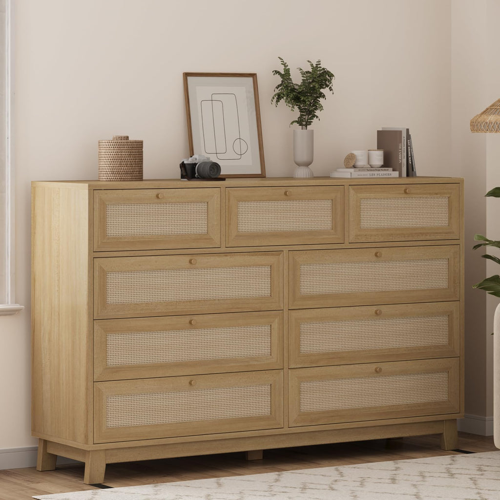 Rattan Dresser with 9 Drawer, Modern Wooden Long Bedroom Dresser, Chest of Drawers with Metal Handle & Solid Wood