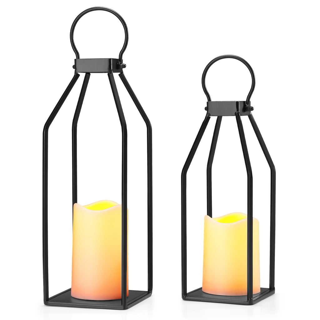 Modern Farmhouse Lantern Decor, 15'' 13'' Set of 2 Black Metal Lantern, 2 LED 6hr Timer Flameless Candles & Remote