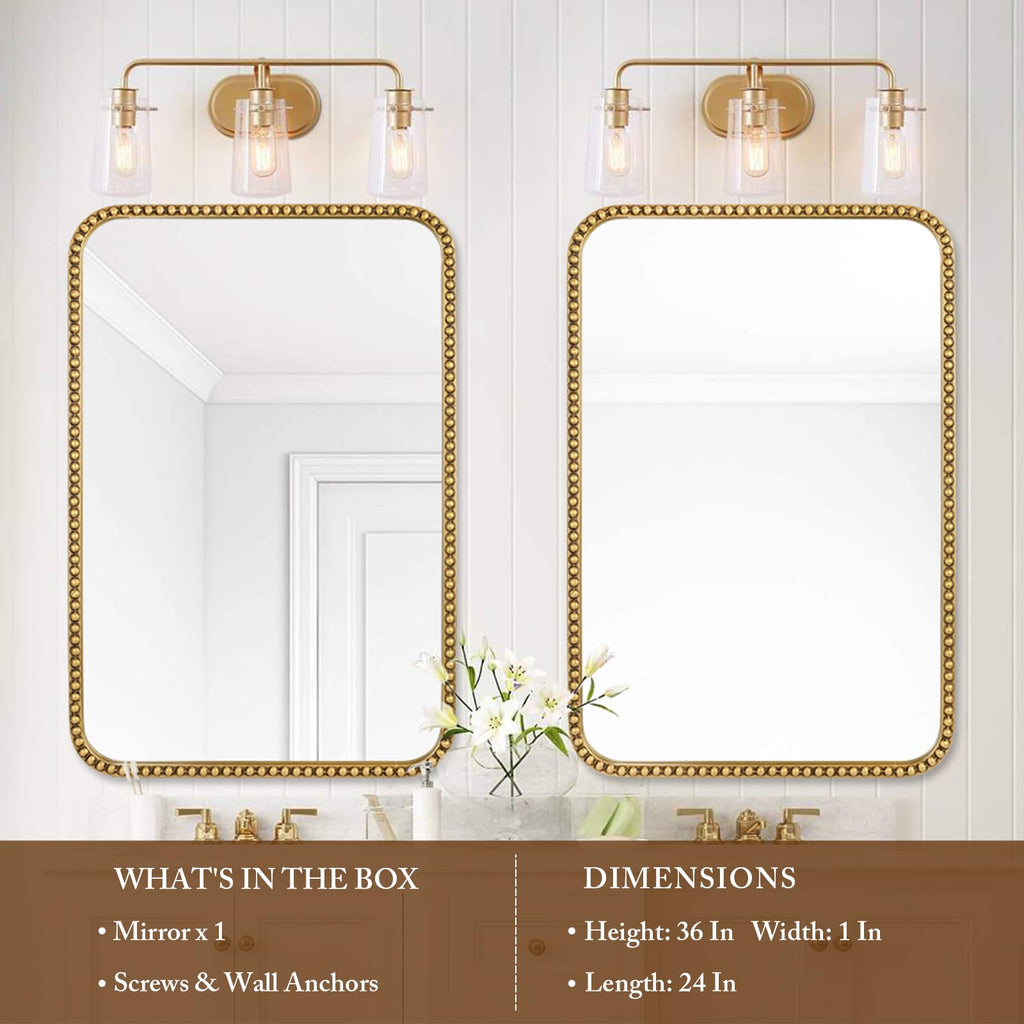 Wall Mirror - 24"x36" Rectangle Rounded Corner Beaded Frame Mirror, Large Vanity Mirror Hangs Horizontal or Vertical