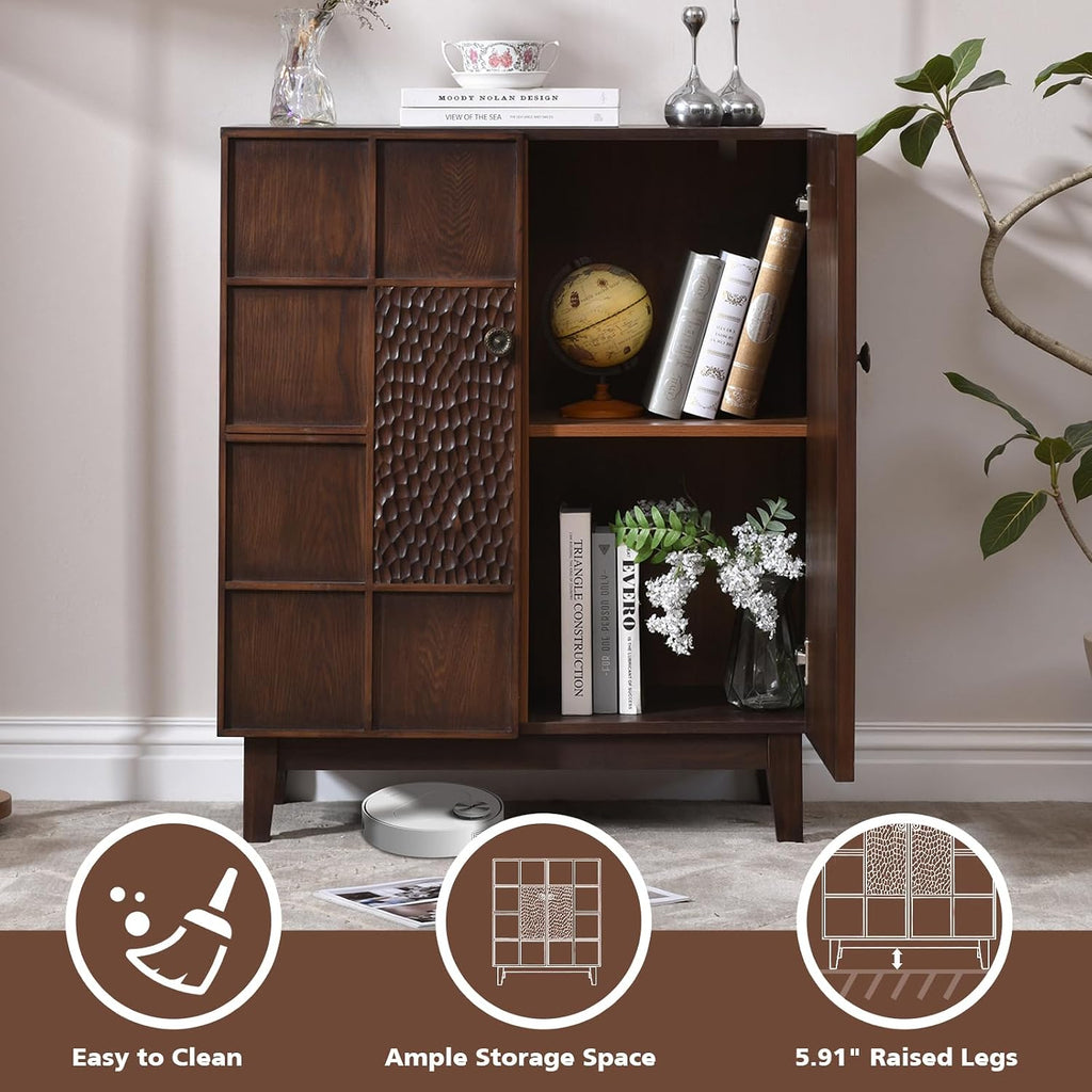 Mid-Century Modern Accent Cabinet with Textured Doors, 4-Cube Storage Cabinet, Walnut Wood Storage Cabinet , 31.5"