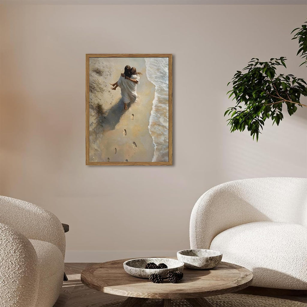 Jesus Hugging Woman Wall Art Jesus on the Beach Wall Decor 3D Textured Hand Drawn Sandstone Christian Decor Painting