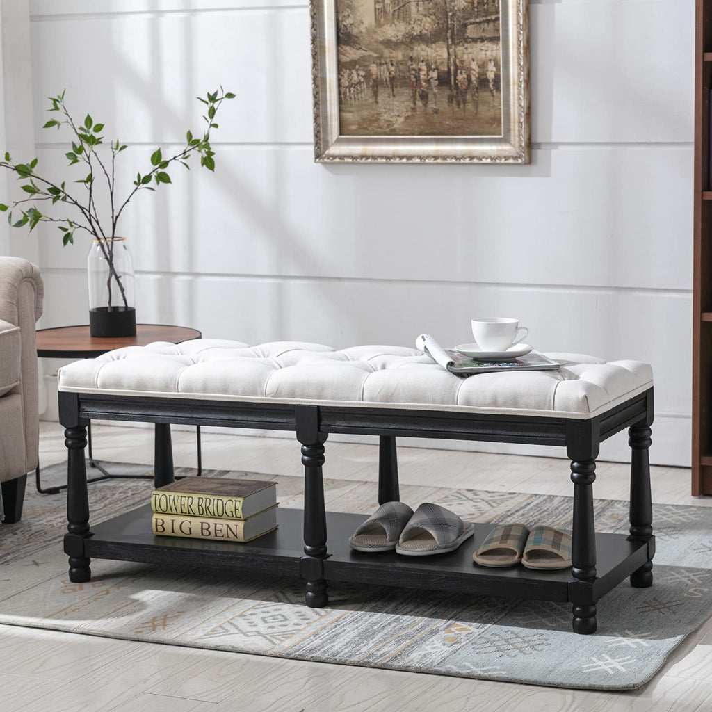 Mid-Century Tufted Storage Bench with Shelf, Linen Upholstered Farmhouse Entryway Shoe Bench Ottoman Bed End Stool