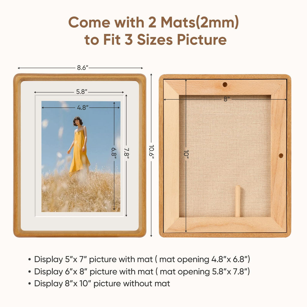 8x10 Picture Frame with 5x7/6x8 Mat - Solid Teak Wood Farmhouse Frame, Wall & Tabletop Display for Vintage Portraits