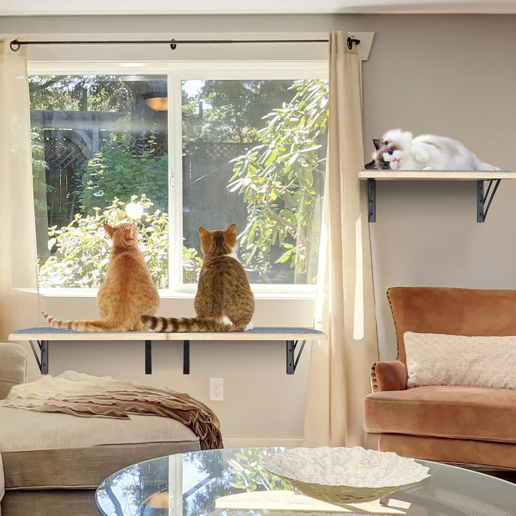 Burlywood Cat Shelves: Set of 4 Wood Cat Furniture Indoors - Climbing Shelf with Wall Mounted Scratching Pad &