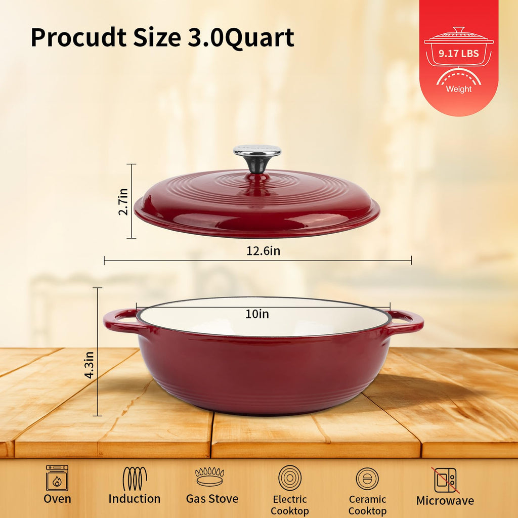 Enameled Cast Iron Braiser, 3 Quart Enameled Cast Iron Skillet with Lid, Oven Safe up to 500° F or on Stovetop