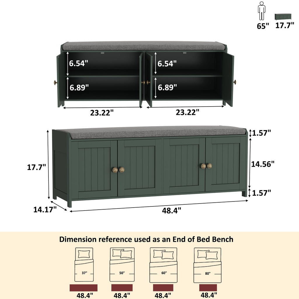 48.4" Shoe Storage Bench with Cushion, Entryway Bench with Paddded Seat, 2-Tier Shoe Cabinet Bench with Adjustable