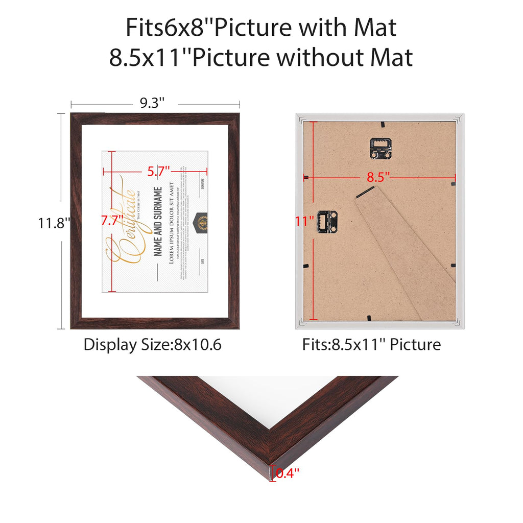 8.5x11 Picture Frame Set of 6, Certificate Document Frame, Diploma Frame, Display Pictures 8.5x11 Without Mat, Brown