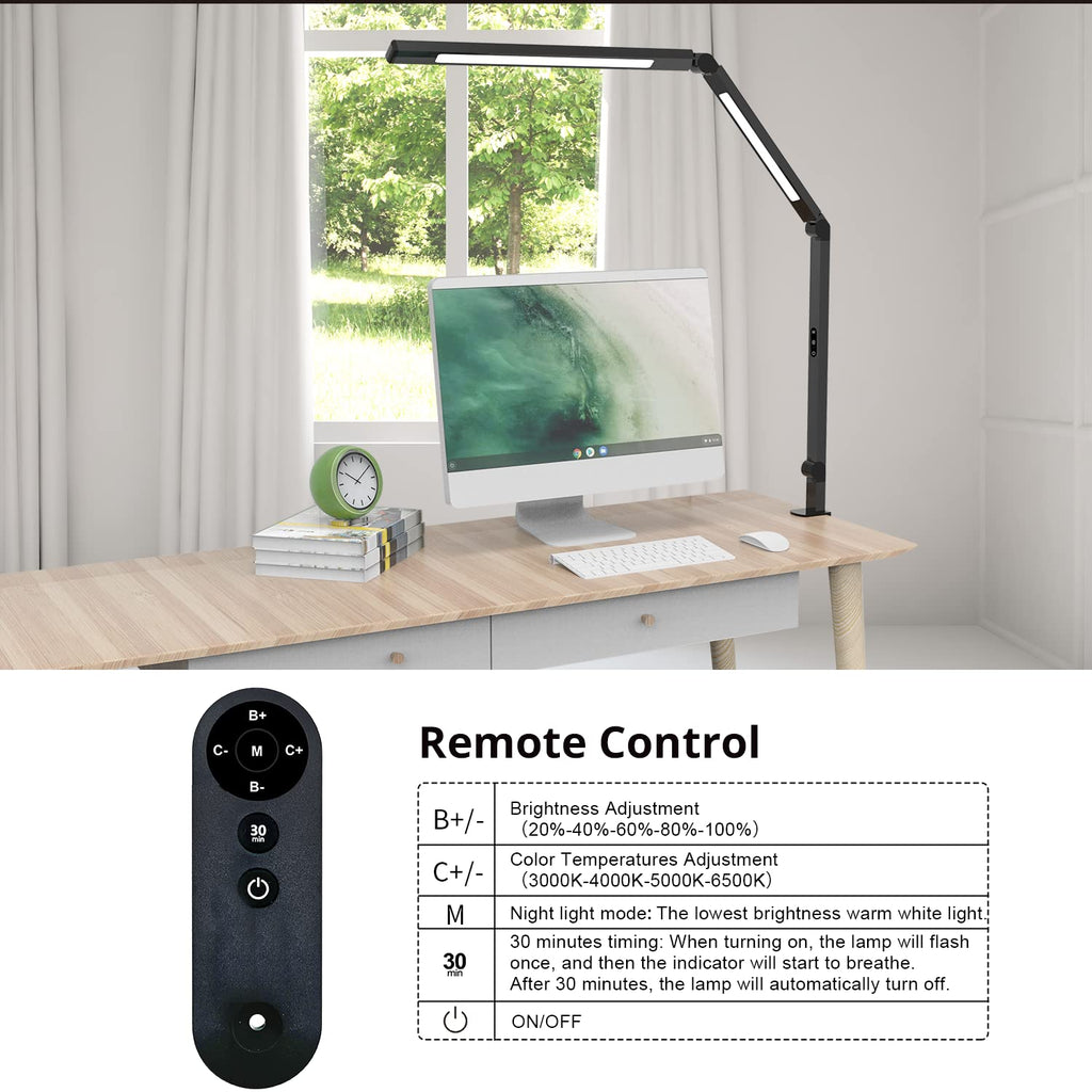 LED Desk Lamp with Clamp, Architect Desk Lamp with Remote Control, Swing Arm Clamp on Computer Light, Clip-on