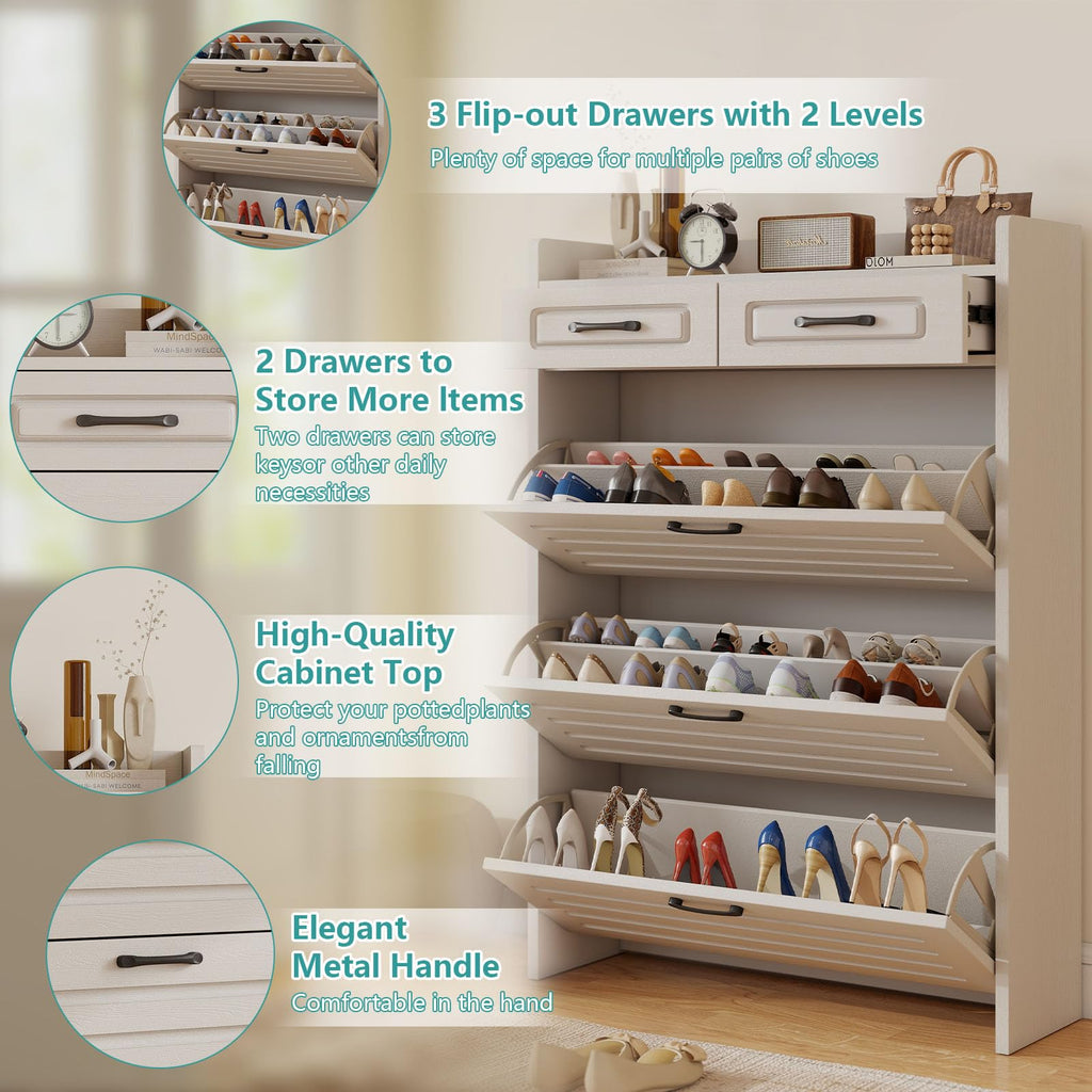 Shoe Cabinet Storage with 3 Large Flip Drawer&2 Drawer White