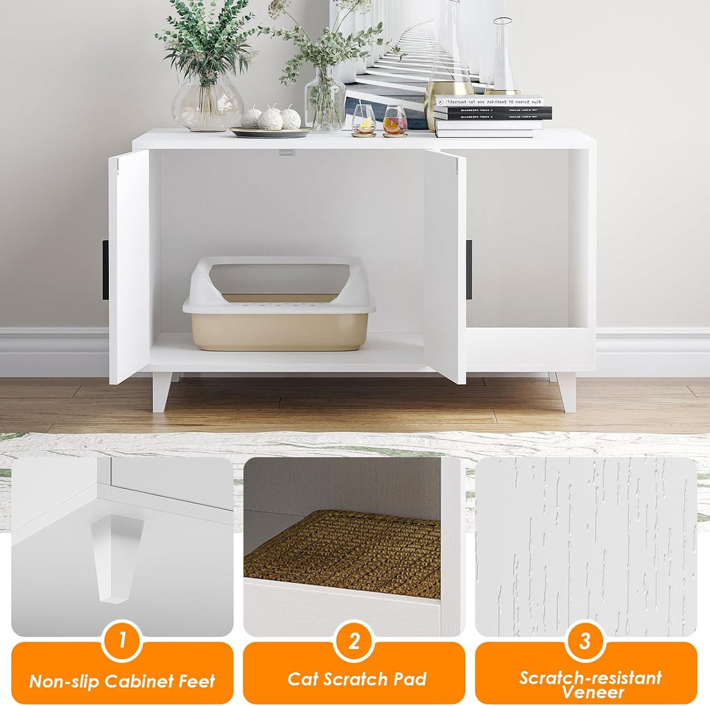 Cat Litter Box Enclosure, 33.5" Wood Hidden Litter Cat House with Scratching Mat, Double Cabinet Doors, White