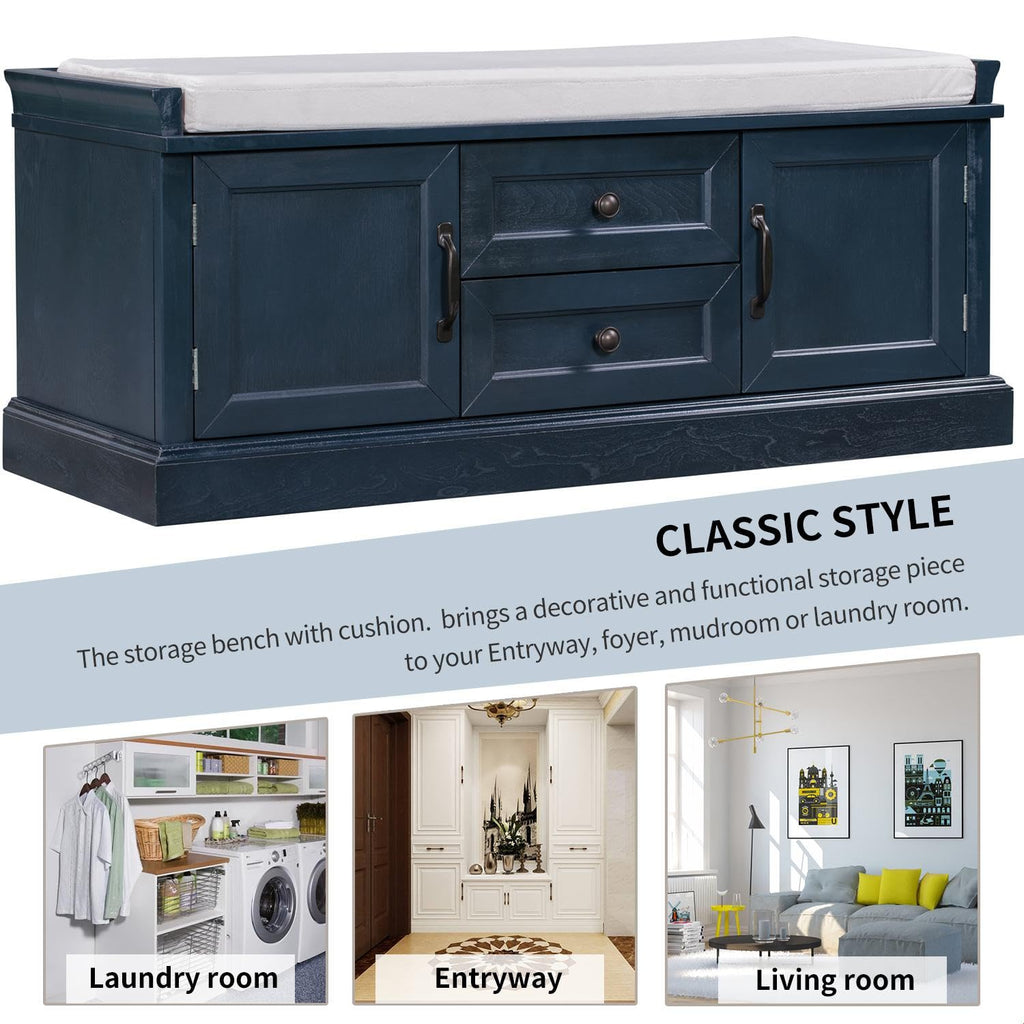 Rustic Storage Bench with 4 Doors 2 Draws Adjustable Shelves Removable Cushion Rectangular Cabinet Foot Rest Stool