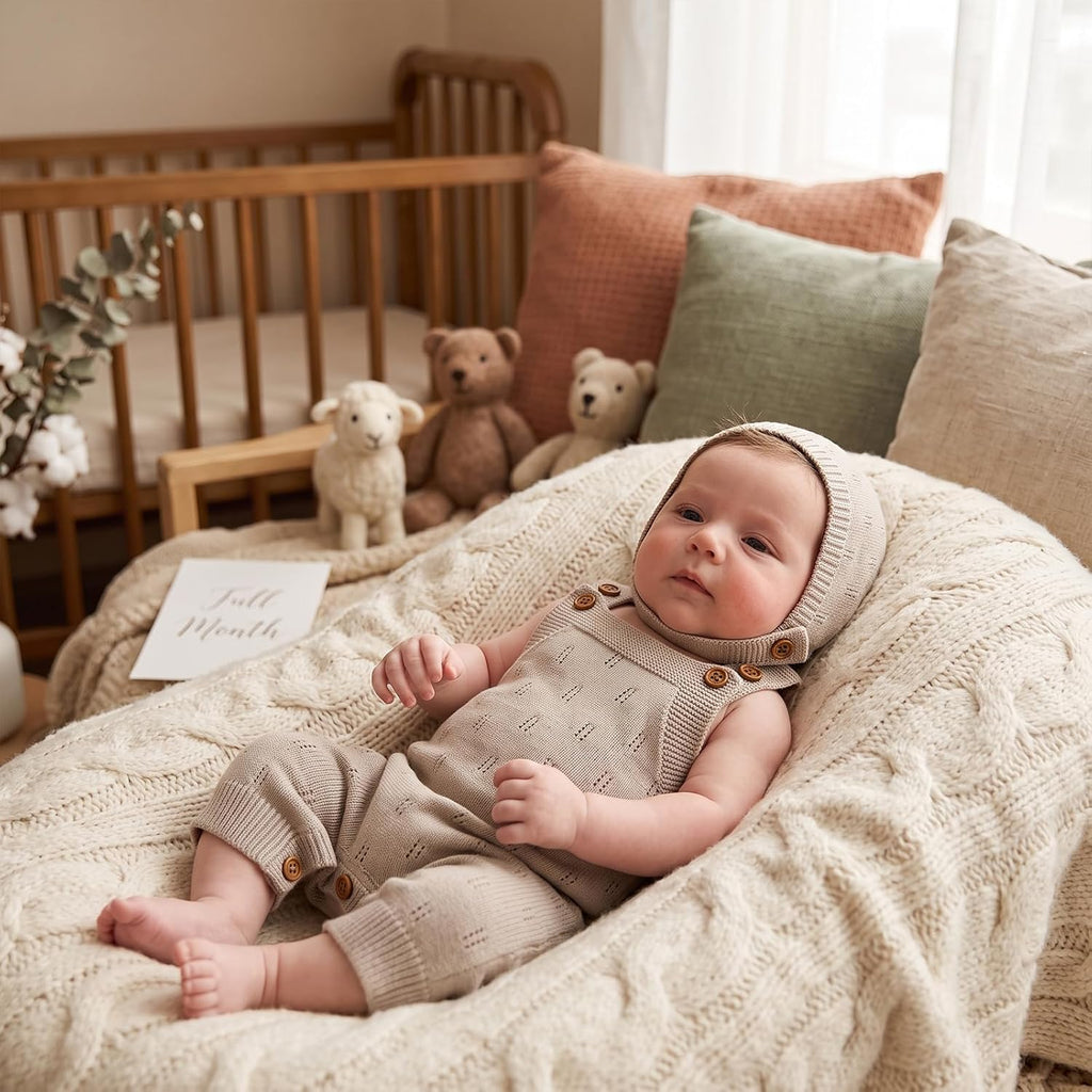 Newborn Girl Boy Outfit Baby Knit Romper Overall with Hat