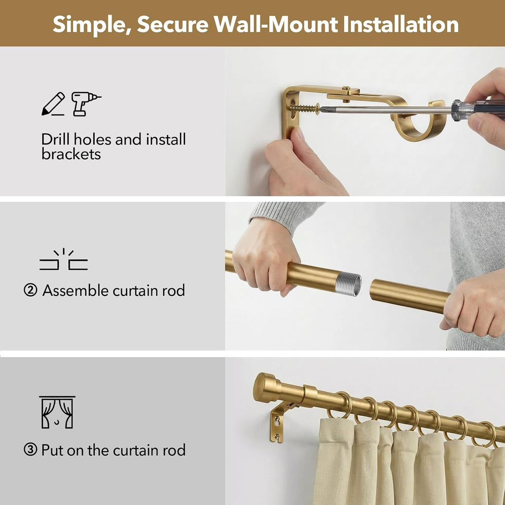 Brass Curtain Rods for Windows 32 to 60 Inch,1 Inch Heavy Duty Brush Gold Window Curtain Rod with Solid Metal Finials