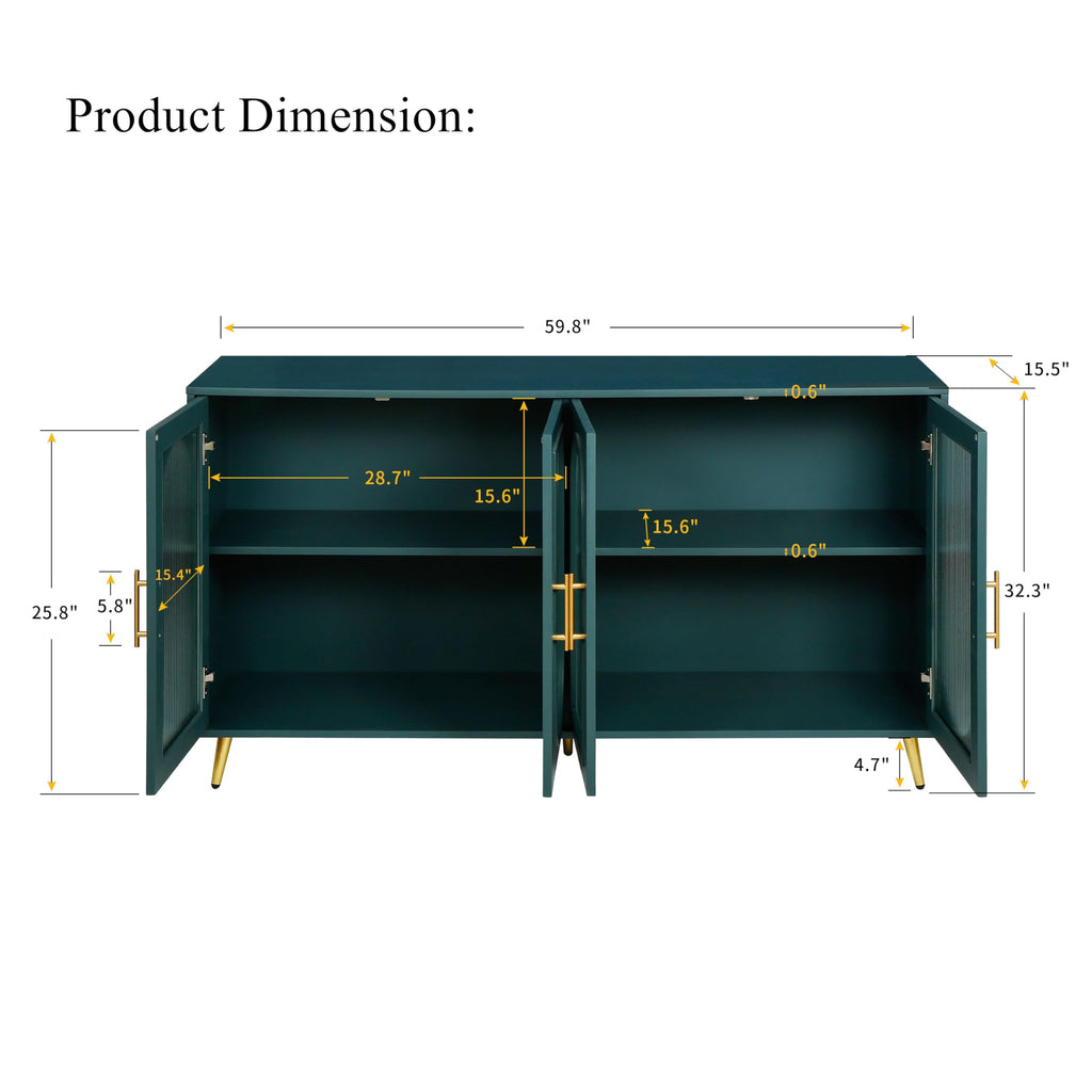 Glass Door Storage Sideboard with Gold Metal Handles&Legs, Modern Coffee Bar Buffet Cabinet with Adjustable Shelf