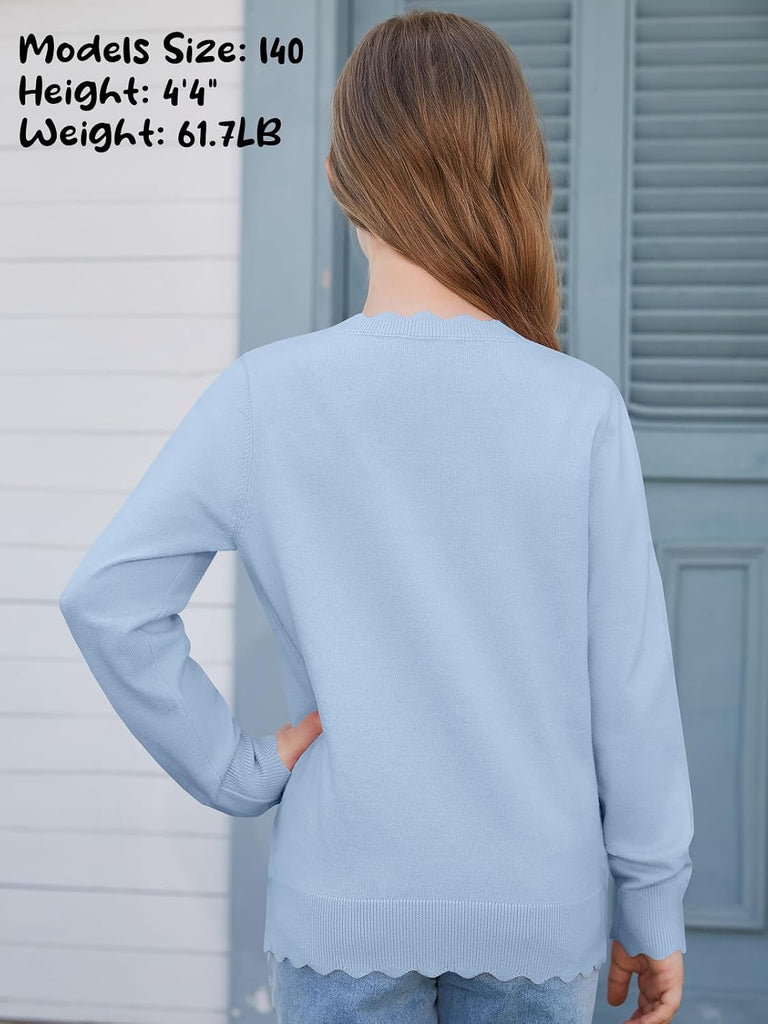 Sweaters Long Sleeve Crewneck Scalloped Trim Sweaters