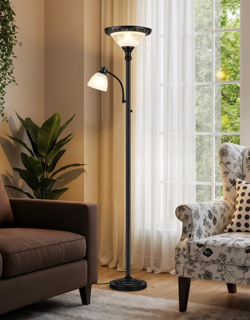 Torchiere Floor Lamps, 71" Tall Standing Lamp with Thick Glass Shade, Metal Pole & Heavy Base, Vintage Corner Lamp
