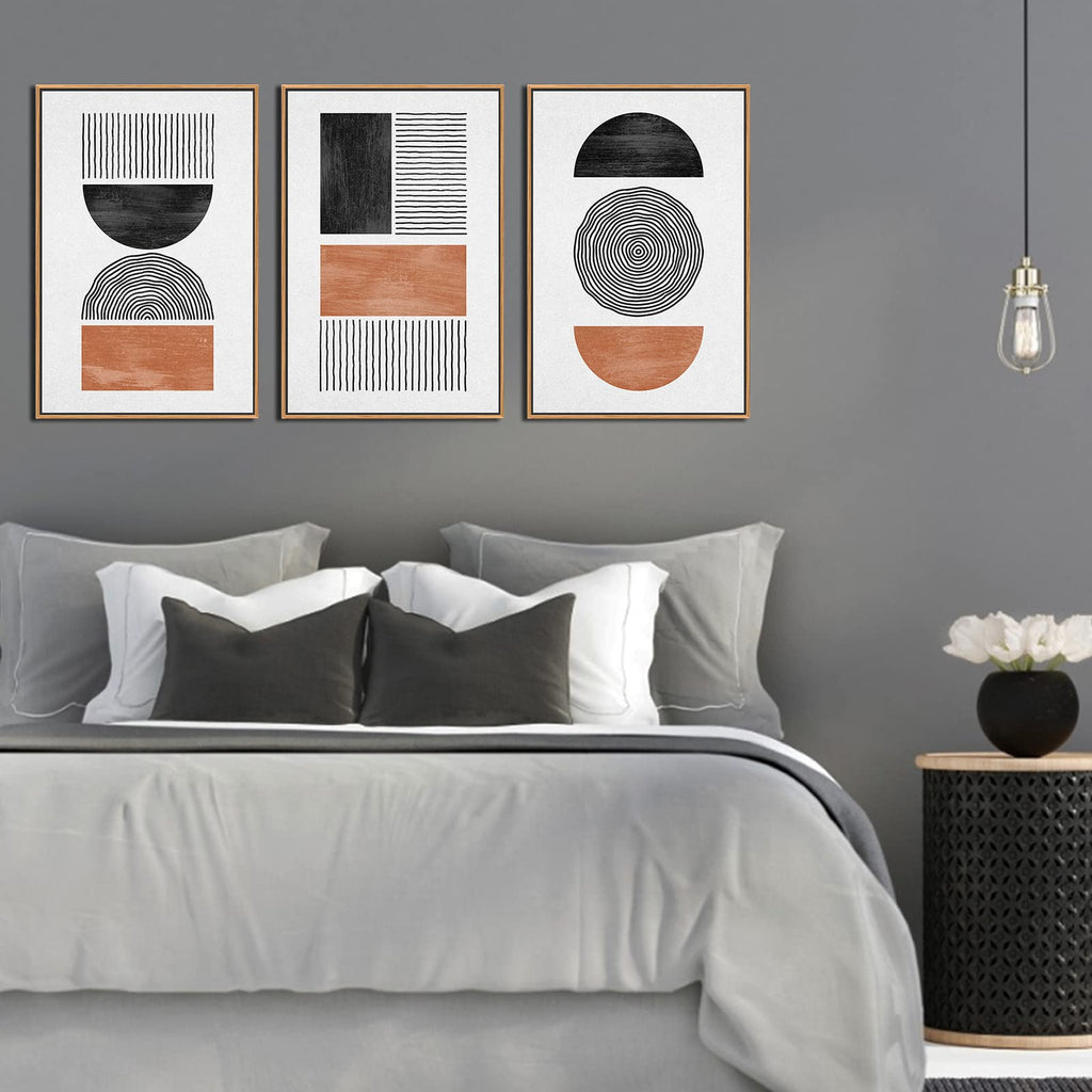 Black Brown Boho Framed Wall Art Geometric Canvas Pictures, 16"x24"x3