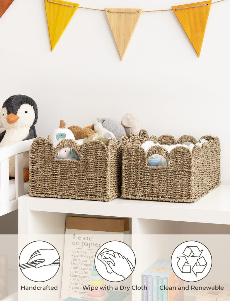 Scalloped Wicker Basket, Woven Baskets for Storage, Seagrass
