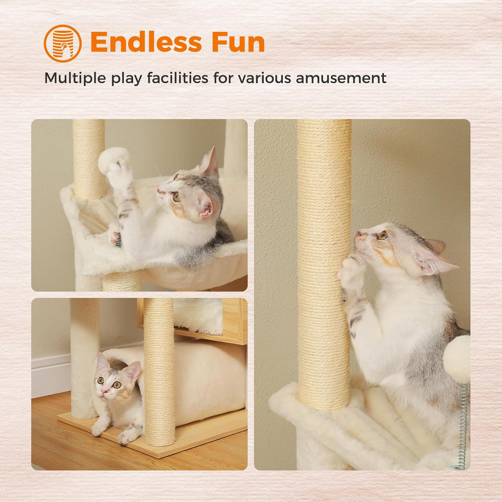 Floor to Ceiling Cat Tree, 93-101'' Adjustable Wooden Tower, Beige