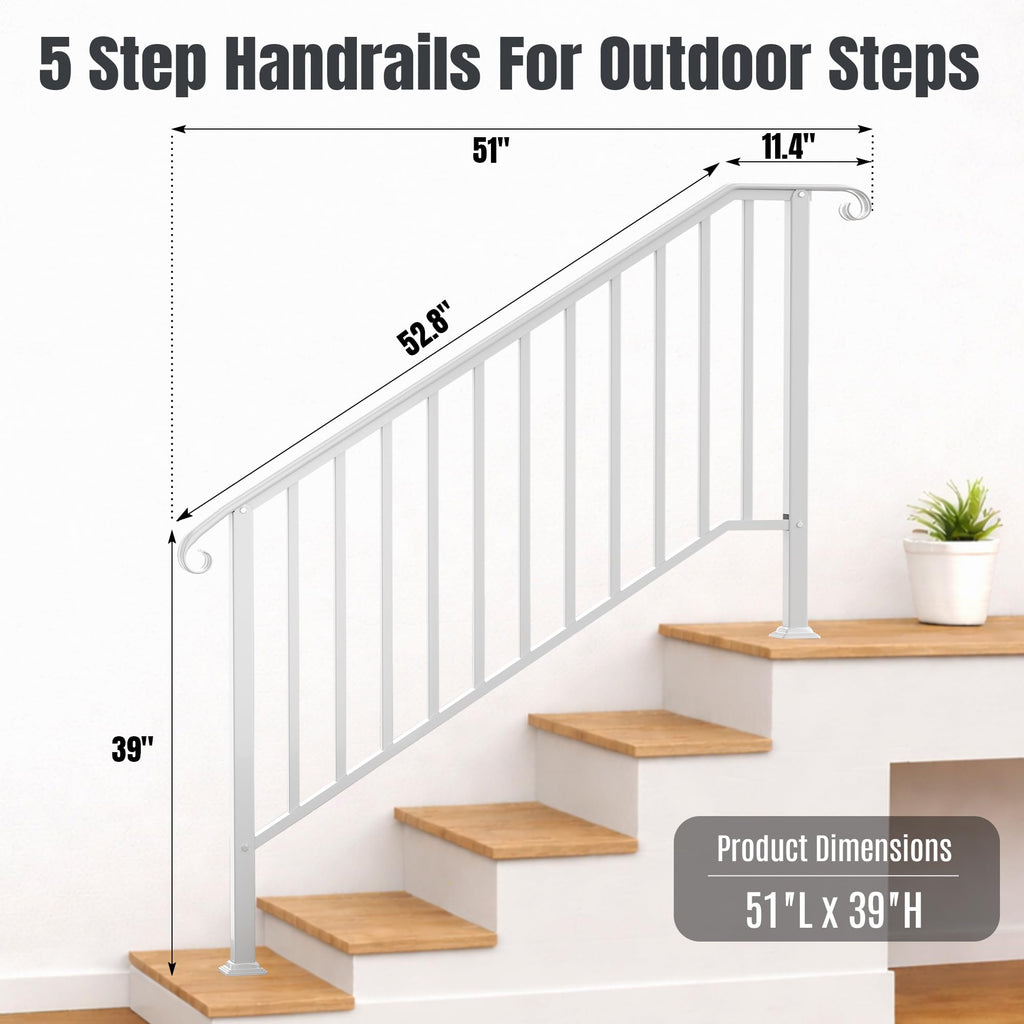 2 Pack 5 Step Handrails for Outdoor Steps, Wrought Iron Stair Railing Fits 4 or 5 Steps, Metal Hand Rail with