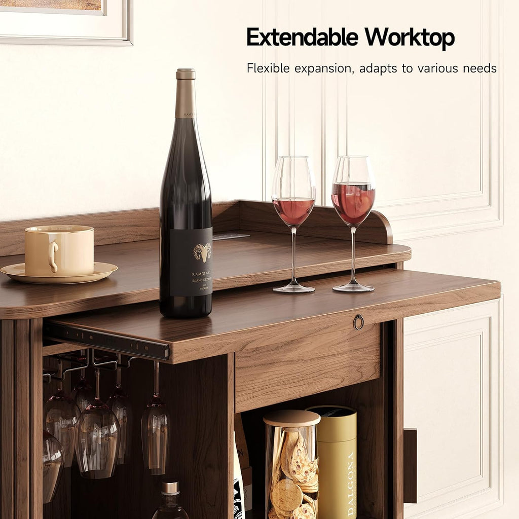 Fluted Bar Cabinet with Storgae, Wine Cabinet, 33" H, Walnut | Coffee Bar Cabinet, Liquor Cabinet, with Charging