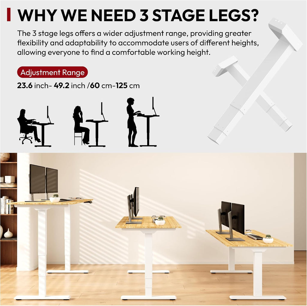 Solid Bamboo Dual Motor Standing Desk, 220 lbs, 60 * 30 | One-Piece Top, 3-Stage Sit Stand Desk with 4 Memory
