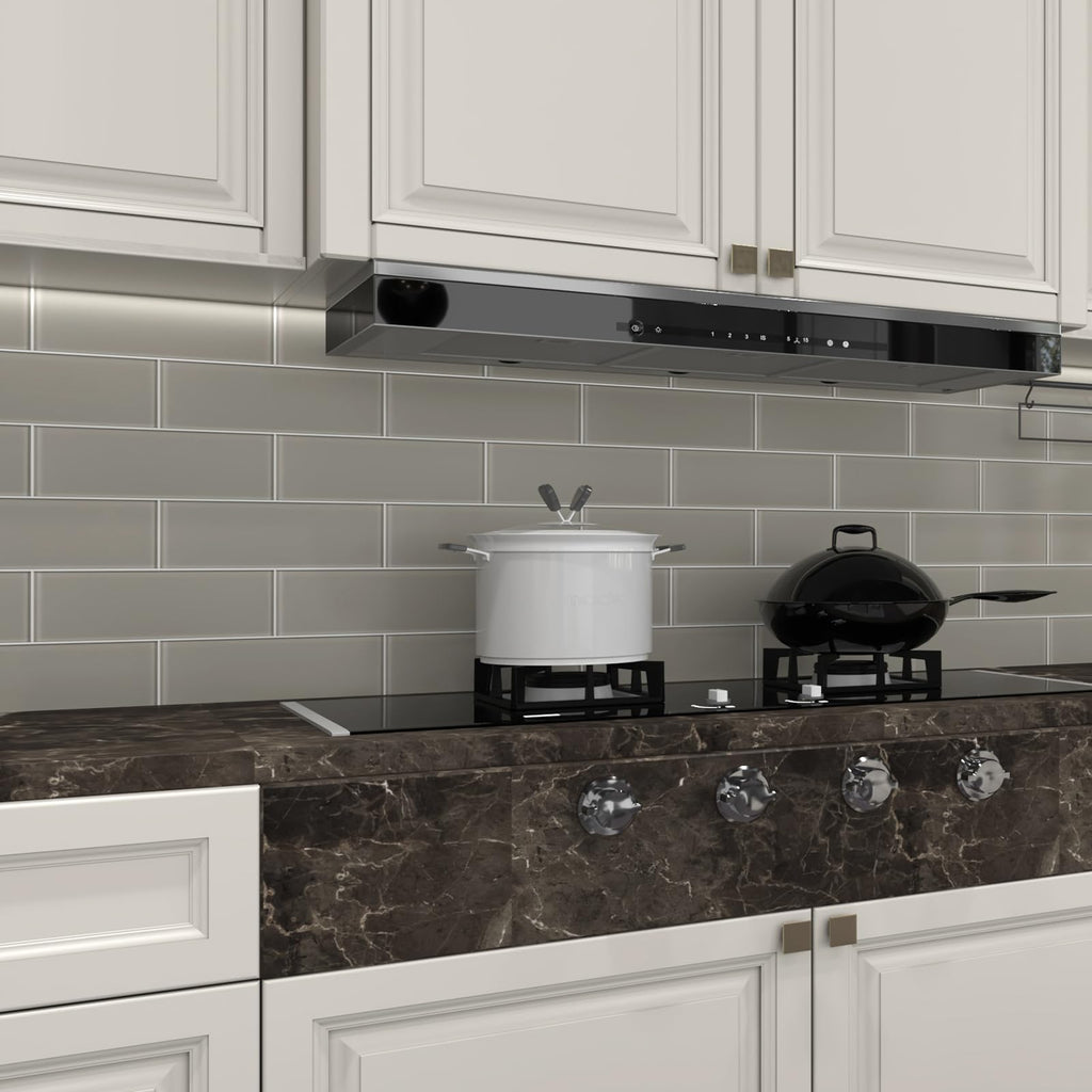 Warm Grey Glass Subway Tile, Glass Kitchen Shower Backsplash Wall, 4 x 12 Inches, 4 Sq.Ft.