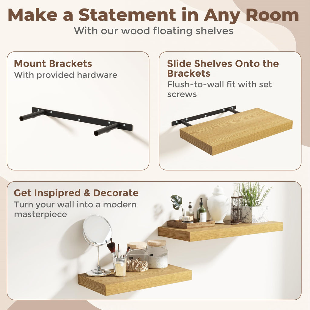 Floating Shelves for Wall, 12 x 16 Floating Shelf for Books, Rustic Wood Deep Storage Wall Shelf with Invisible