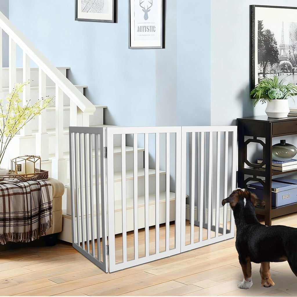 Freestanding Indoor Dog Gate Foldable Wood White Puppy Gate for Doorways Pet Gate for Stairs Extra Wide Pet Fence 24"