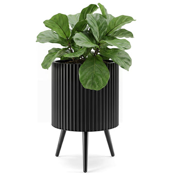 14 Inch Plant Pot with Stand, Mid-Century Modern Fluted Planter