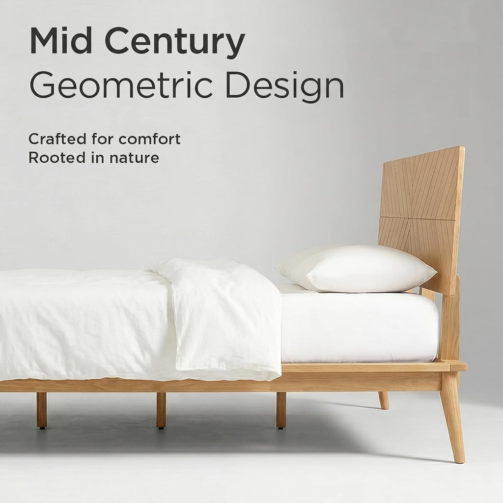 Loki Solid Wood Platform Bed King, Chevron Headboard, Light Oak
