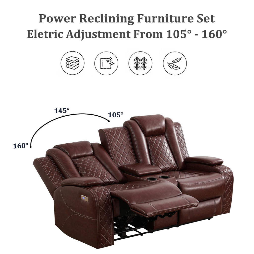 Power Recliner Loveseat, Air Leather Reclining Couch with LED/Cup Holders/Storage, 2-Seater Reclining Sofa, Burgundy