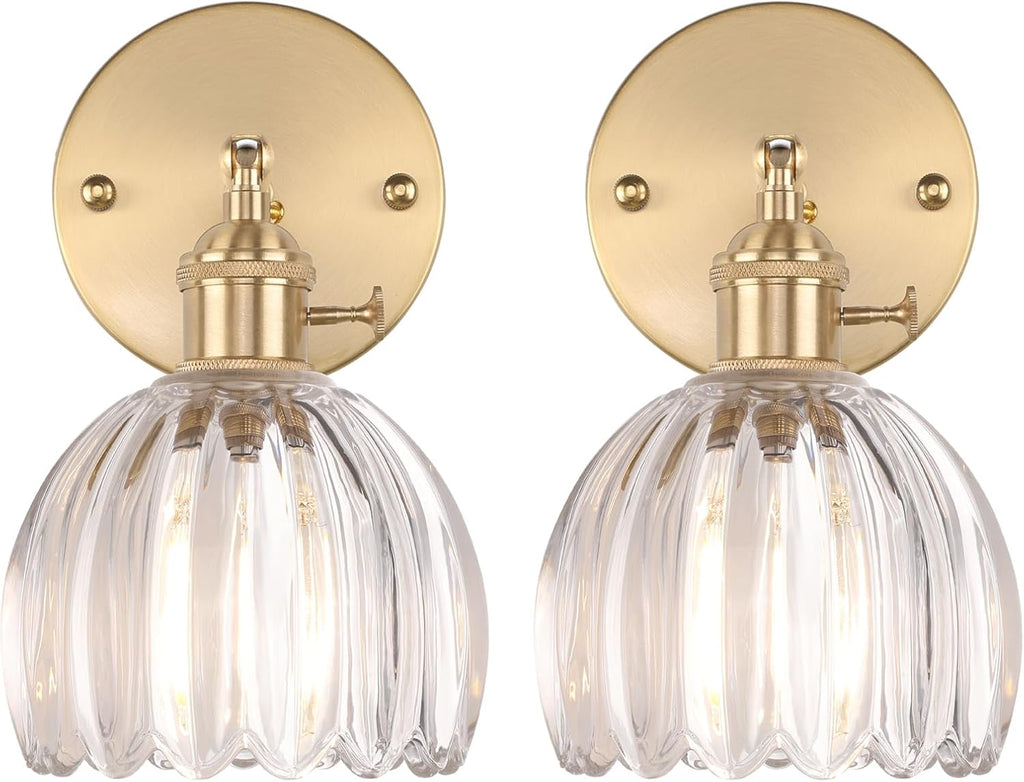 Vintage Wall Sconces Set of 2 with Transparent Tulip Glass Lampshade 180 Degree Adjustable Brass Sconces Hradwired