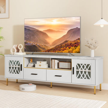 White TV Stand for TV up to 80", 71-Inch Modern Entertainment Center with Glass Doors & 2 Storage Drawers, 2 Cable