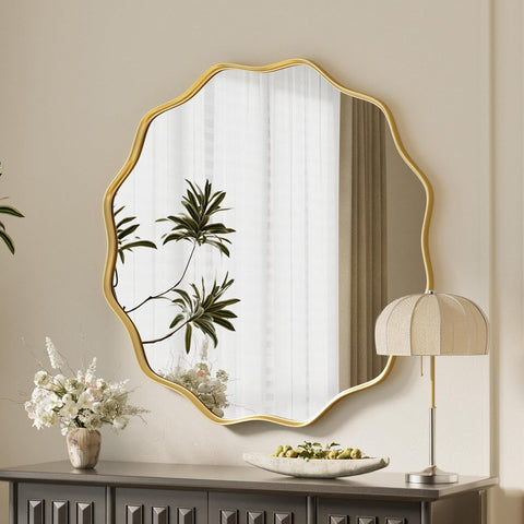 Gold Scalloped Circle Mirror, 24" Wavy Edge Round Wall Mirror with Tempered Glass Textured Circular Metal Deep Frame