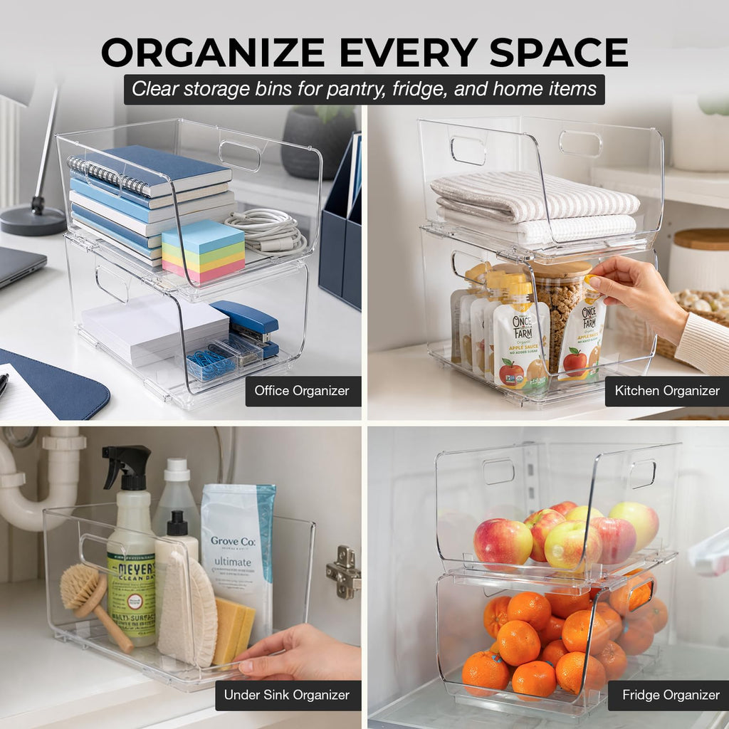 Stackable Storage Bins, Front Pantry Organizer, Medium, 4 Pack