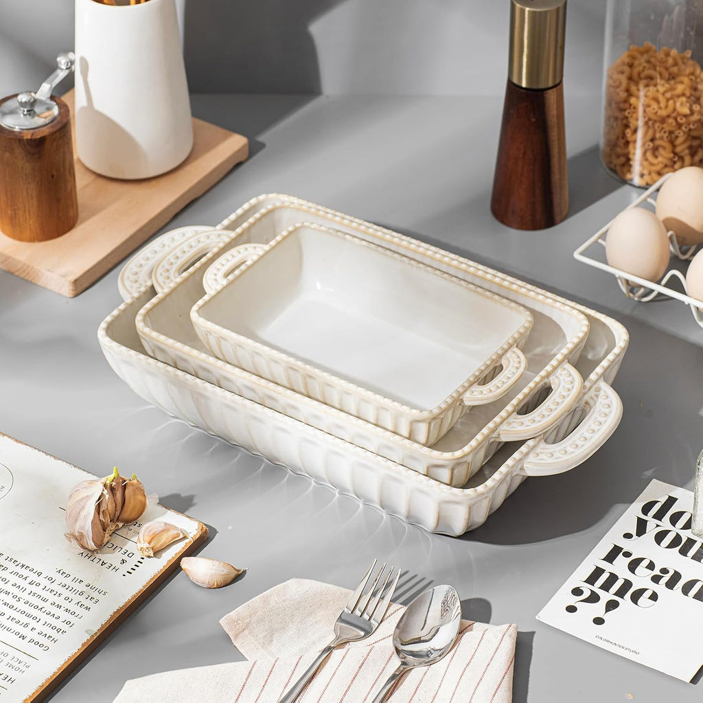 Ceramic Dish Set of 3, Rectangular Casserole Dishes for Oven Lasagna Pan with Handles Cooking, Housewarming Wedding