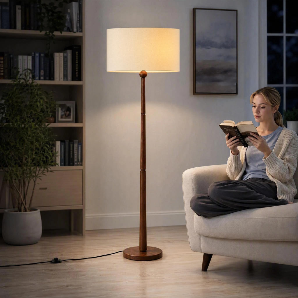 65 Inch Single Ball Walnut Wood Floor Lamp with Linen Shade, Beige