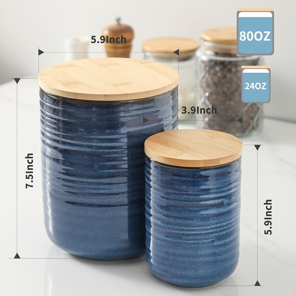 Ceramic Food Storage Jars with Bamboo Lids - 80oz + 24oz Kitchen Canister Set - 7.5" & 5.9" Airtight Containers - Set of 2
