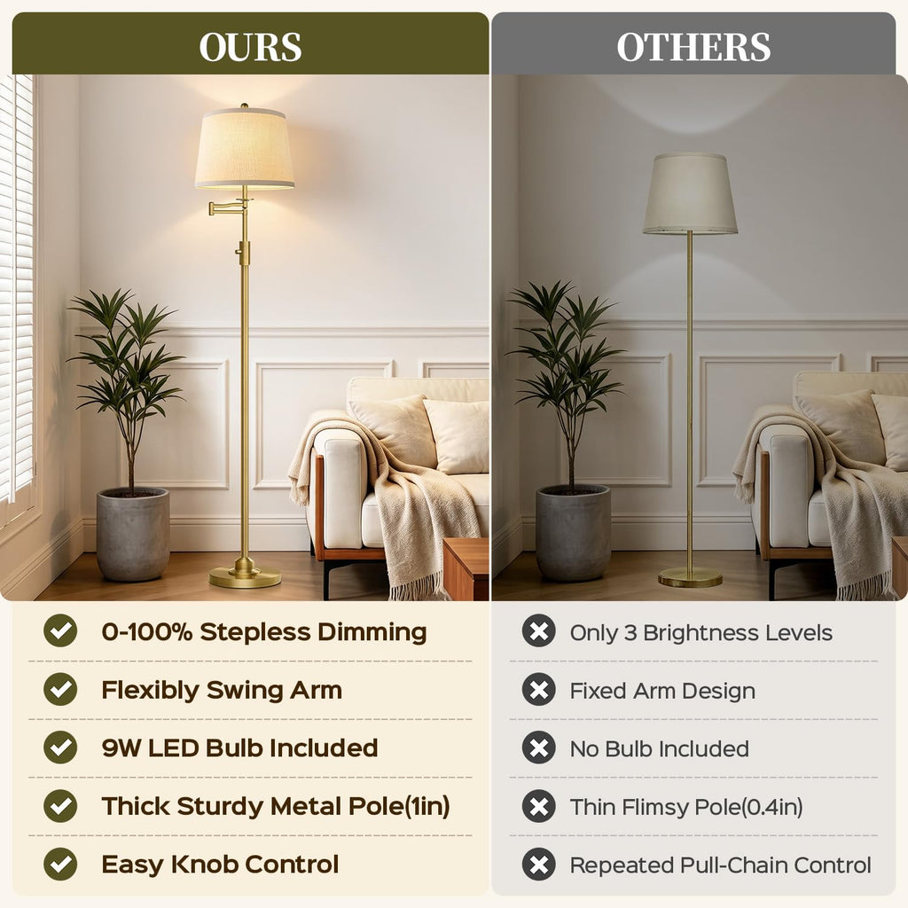 Dimmable Floor Lamp with 350° Swing Arm, 9w Bulb Included, Gold Brass