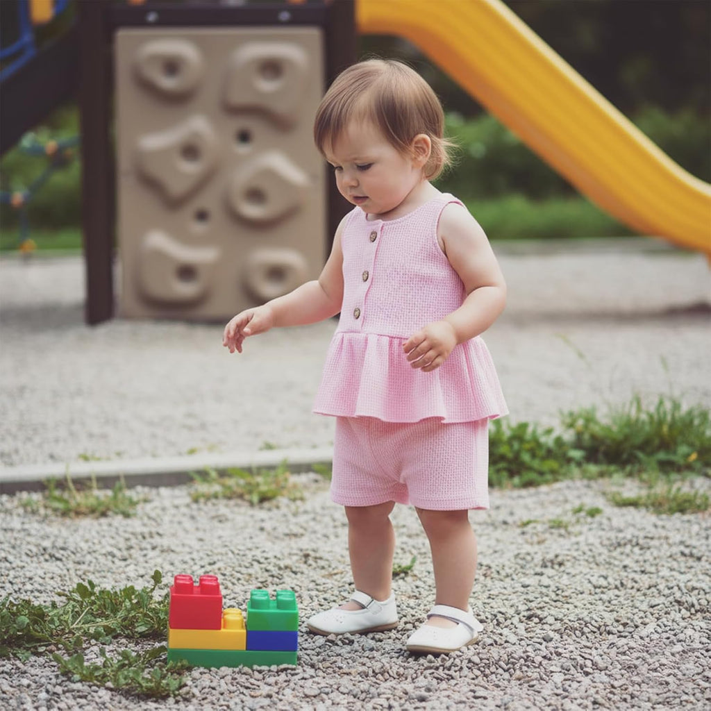 Toddler Baby Girl Summer Outfits Solid Color Waffle Sleeveless Ruffle Tank Tops Shorts Set Cute Infant Clothes
