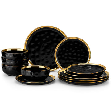 12 Pieces Plates and Bowls Sets, Porcelain Black and Gold Dinnerware Sets, Round Dinner Plates Dishes Set Service for