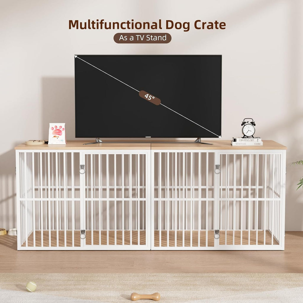 Double Dog Crate Furniture for 2 Large Dogs, White/Natural