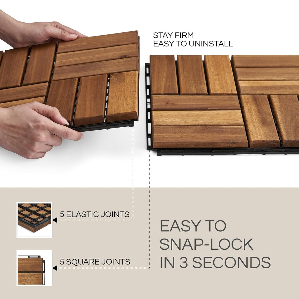 Premium Deck Tiles, Patio Flooring - Set 10 Pcs 12”x12”x0.9” Interlocking Deck Tiles, Waterproof Acacia Wood for