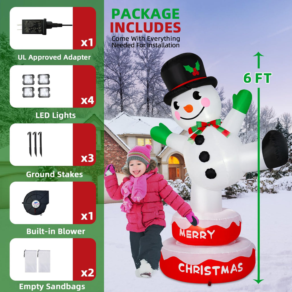 6FT Christmas Rotating Snowman Inflatables Outdoor Decorations, Snowman Inflatable Stands on Donut Base Xmas Blow Up